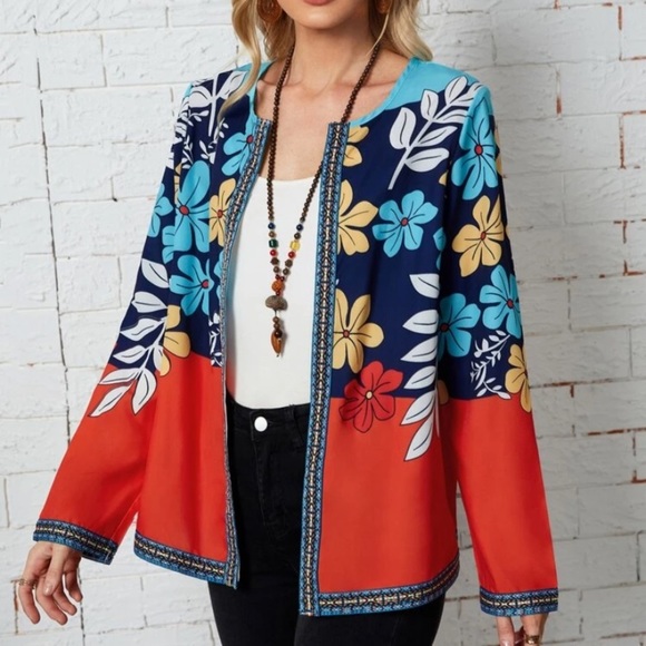 NEW INVENTORY 🔥Floral Print Colorblock Contrast Embroidered Trim Coat🔥 - Picture 3 of 6
